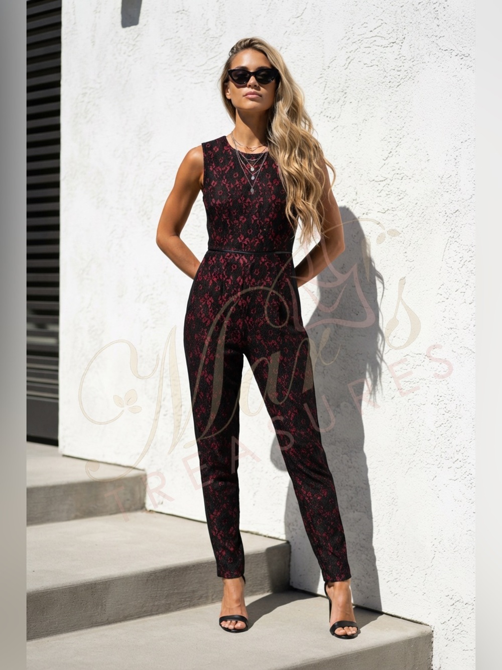 Marna Ro Sleeveless Black & Burgundy Lace Jumpsuit Sz S
